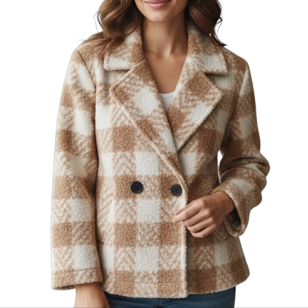 Davis & Dani Womens Plaid Boucle Teddy Jacket Coat Medium Textured Beige Cream